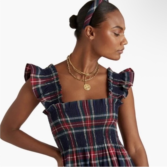 BNC Hill House The Ellie Nap Dress in Navy Tartan Plaid Midi Ruffle Dress - Picture 4 of 10